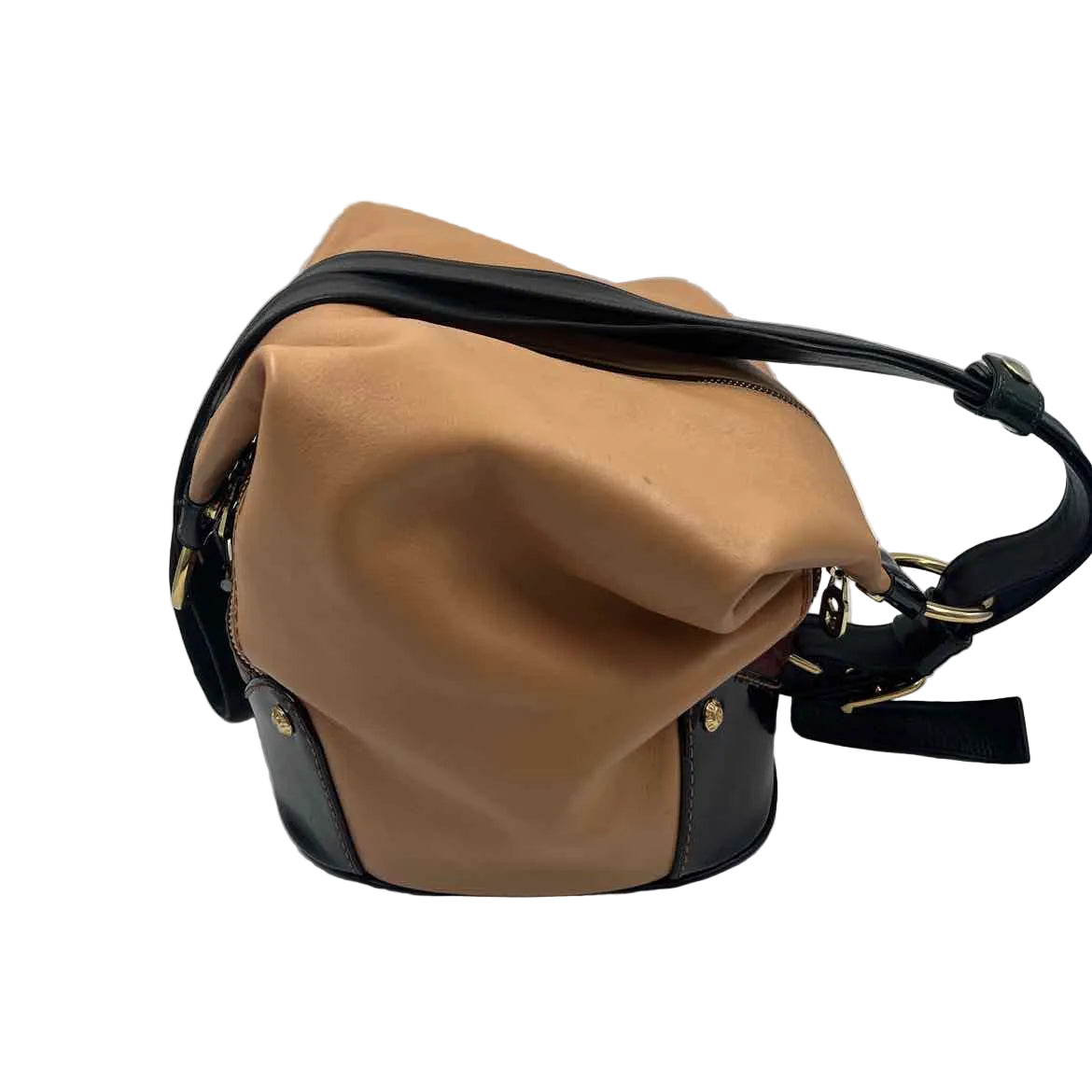 MARINO ORLANDI Tan & Black Leather Large Convertible Sling Bag/Backpack Purse