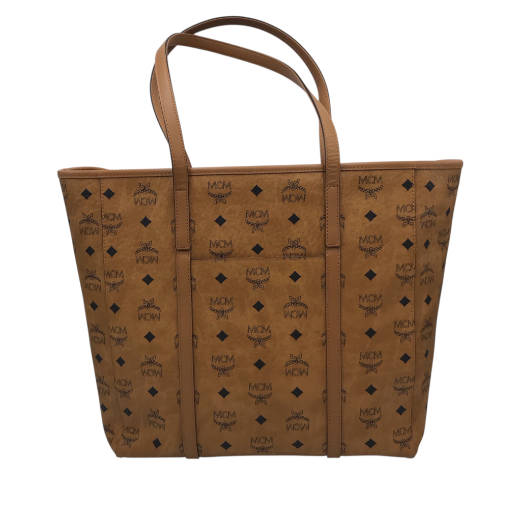 MCM LEATHER TOP ZIP LUXE HANDBAG COGNAC