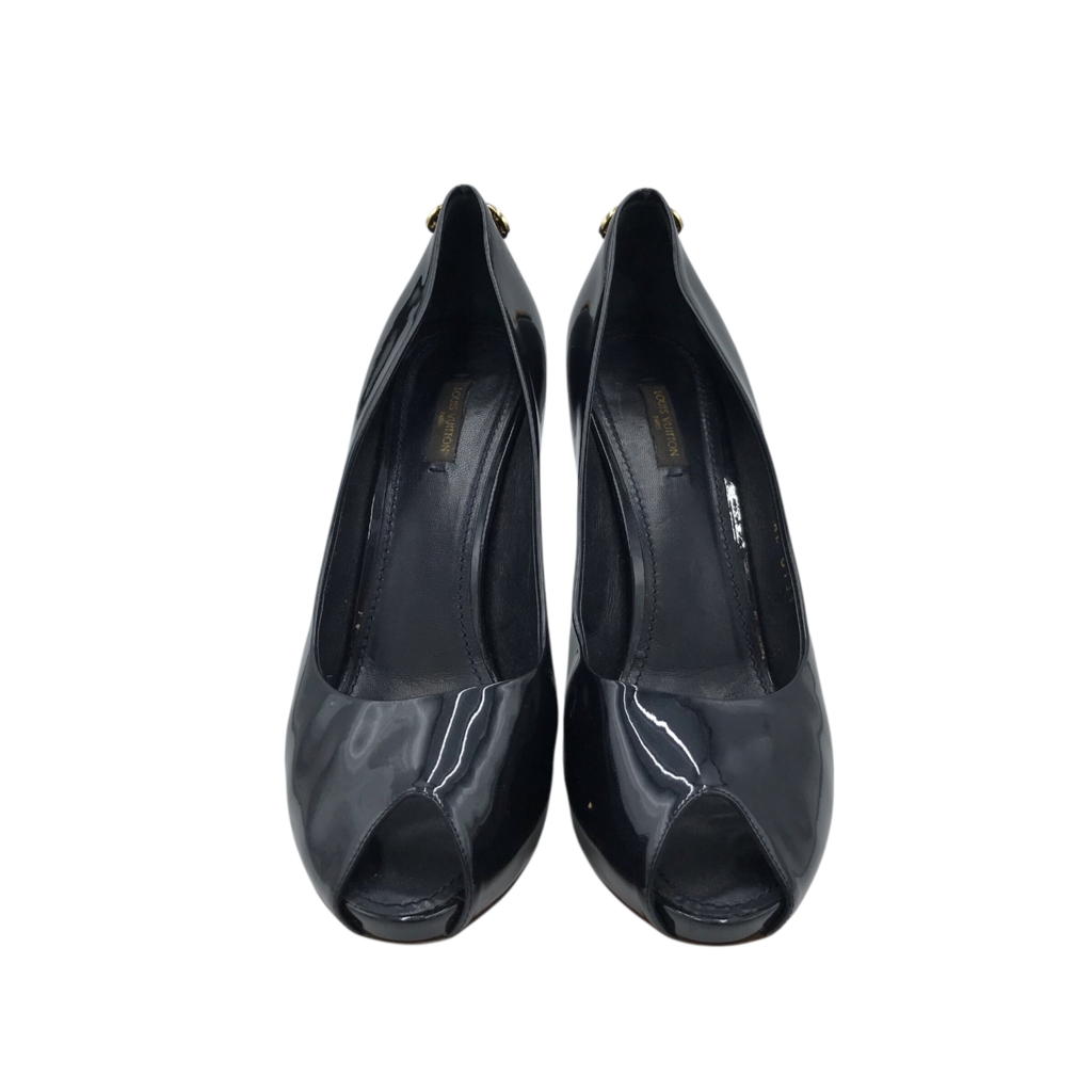 LOUIS VUITTON "OH REALLY" PEEP TOE PATENT LUXE SHOES BLACK 41