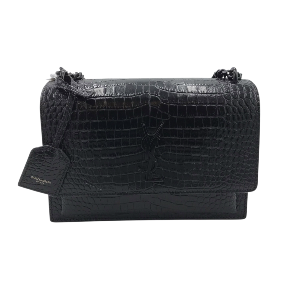 YSL "SUNSET" MED. CROC EMBOSSED LEATHER LUXE HANDBAG BLACK