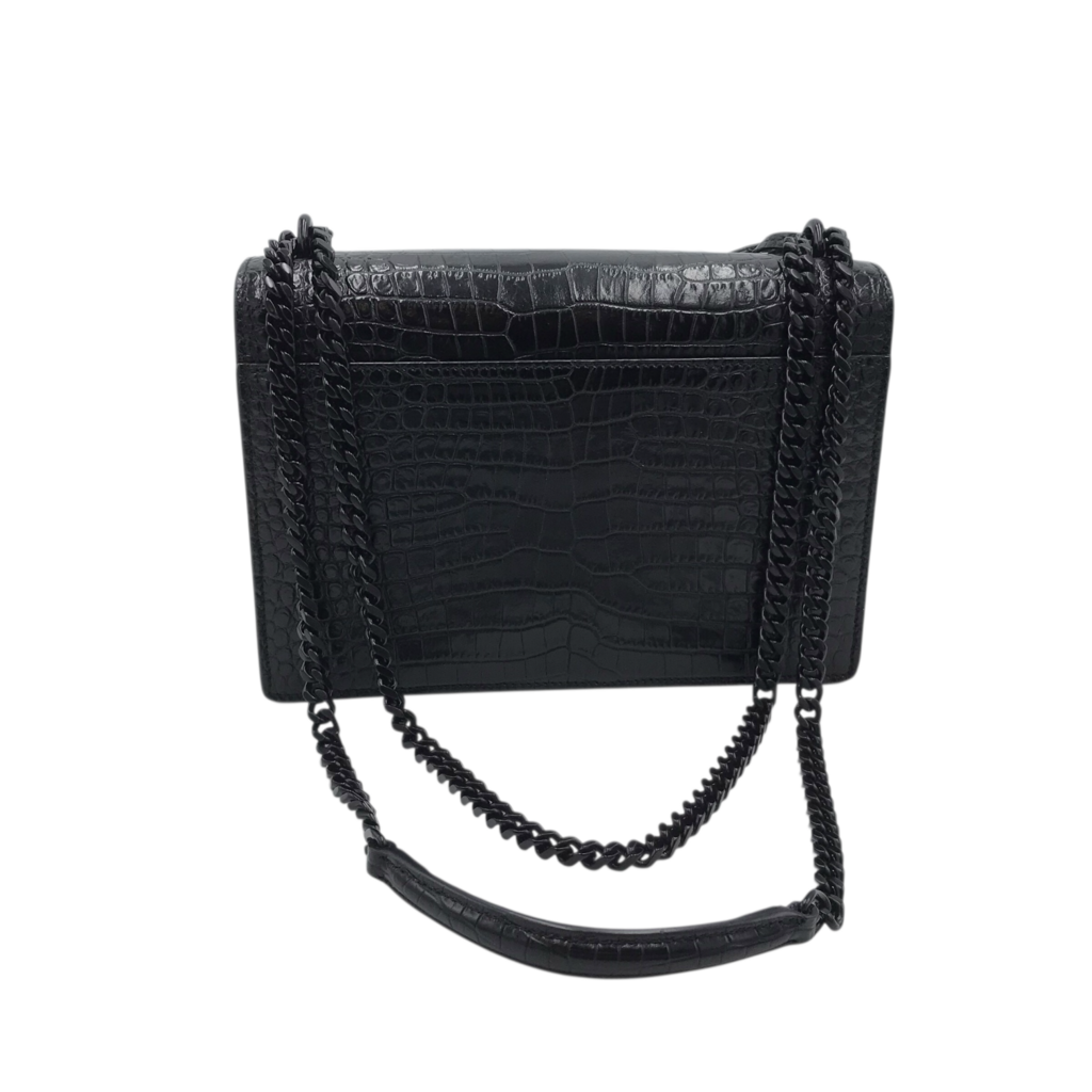 YSL "SUNSET" MED. CROC EMBOSSED LEATHER LUXE HANDBAG BLACK