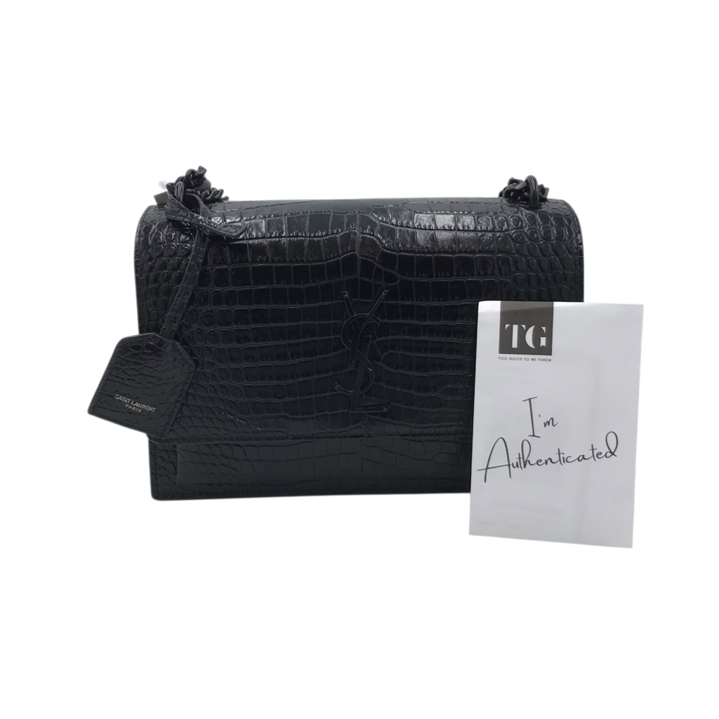 YSL "SUNSET" MED. CROC EMBOSSED LEATHER LUXE HANDBAG BLACK