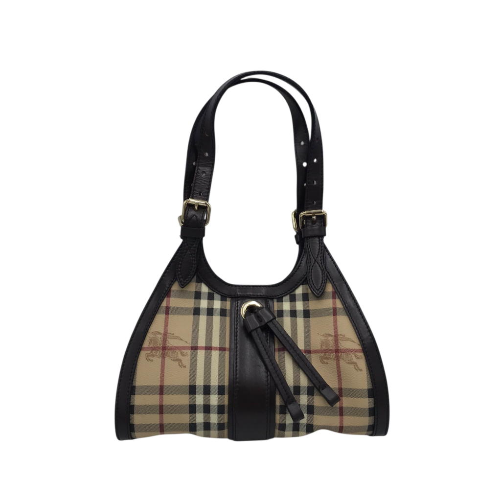 BURBERRY HAYMARKET CHECK COATED CANVAS LUXE HANDBAG BEIGE