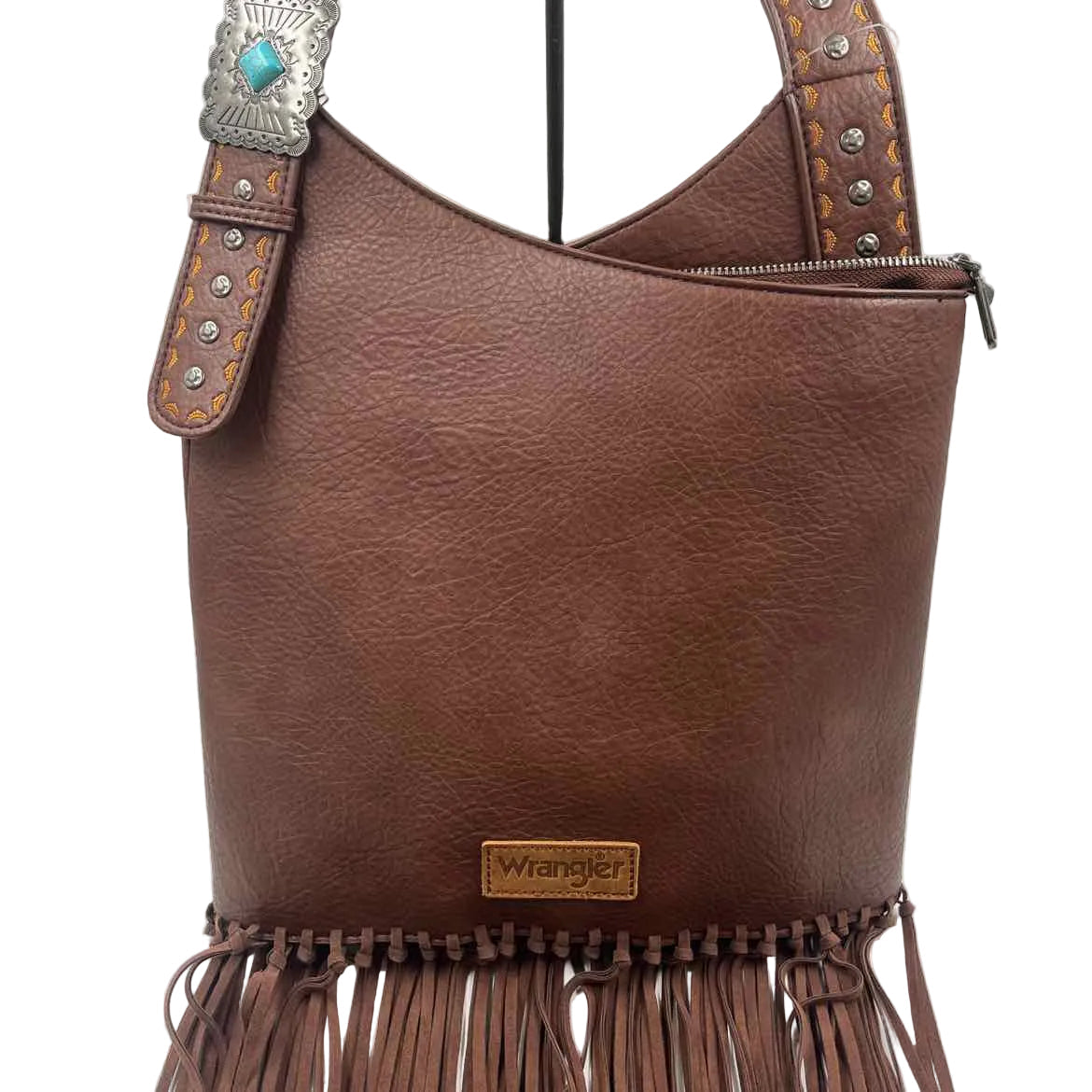 WRANGLER Brown Vegan Leather Crossbody Purse w/Fringe Detailing