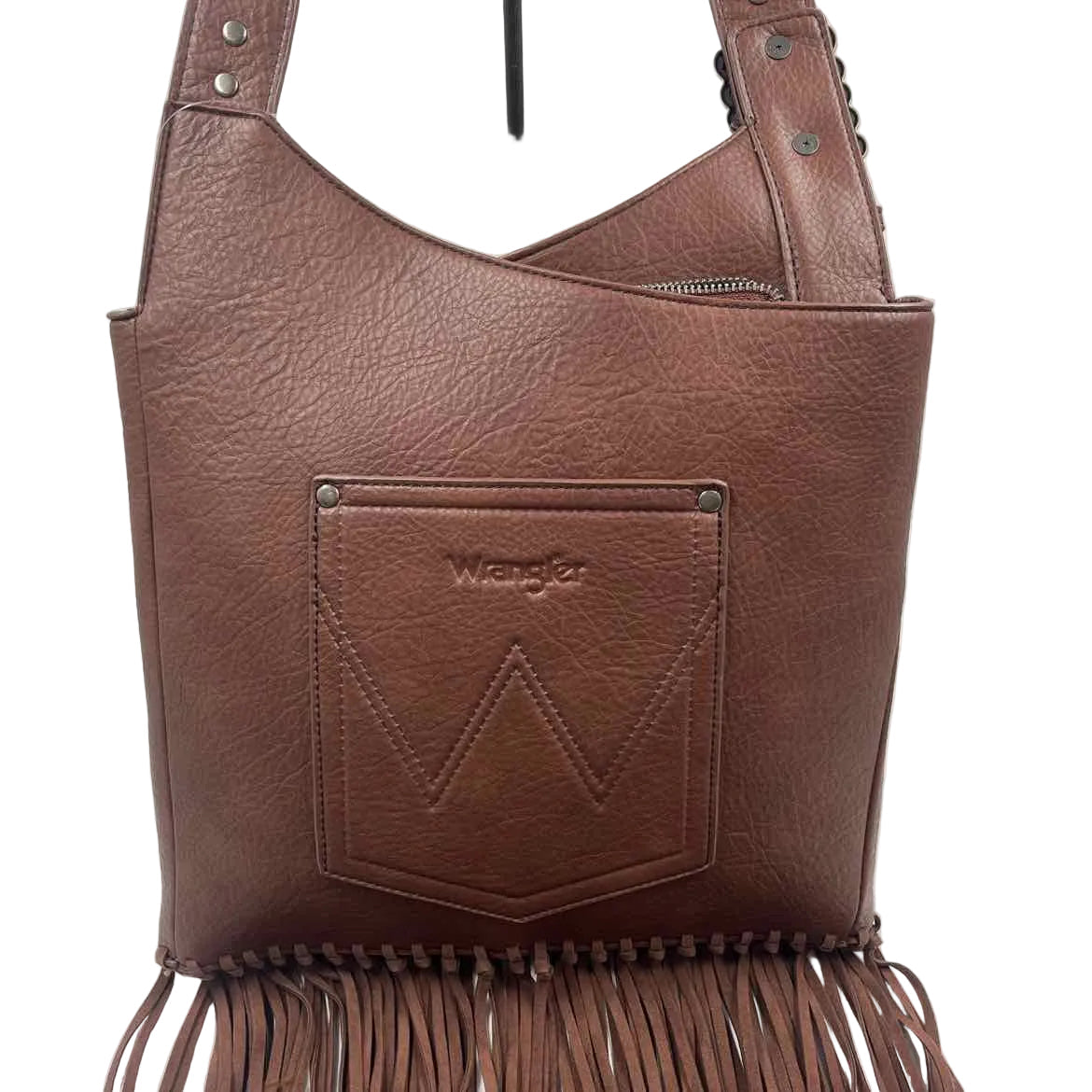 WRANGLER Brown Vegan Leather Crossbody Purse w/Fringe Detailing