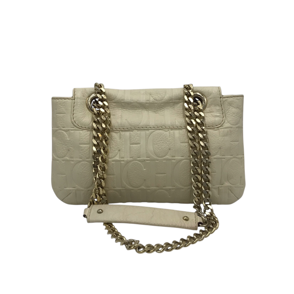 CAROLINA HERRERA CH LEATHER LOGO "AUDREY" LUXE HANDBAG CREAM