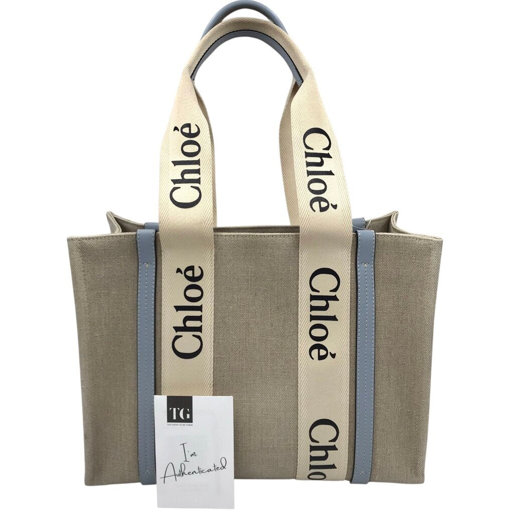 CHLOE MED. WOODY LINEN TOTE LUXE HANDBAG TAUPE