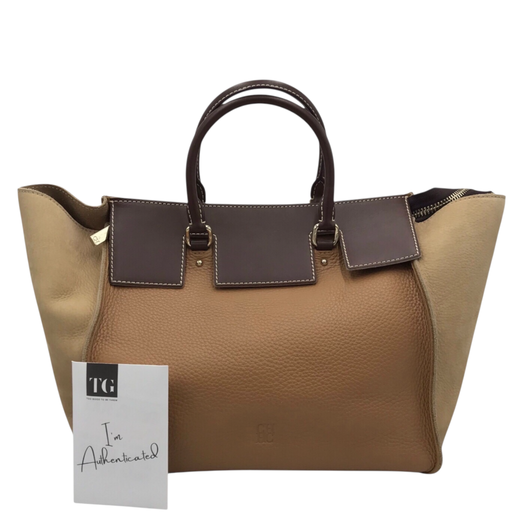 CAROLINA HERRERA "VENDOME" LEATHER LUXE HANDBAG TAN/TAUPE