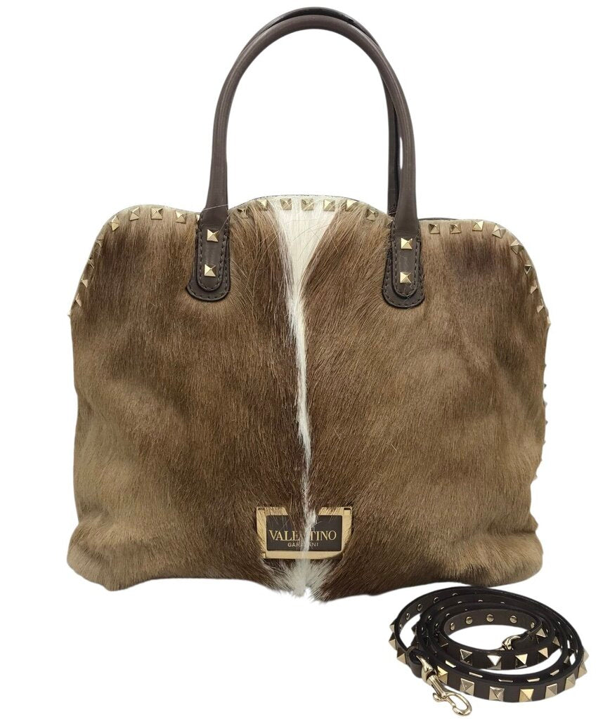 VALENTINO ROCKSTUD SPRINGBOK FUR DOME LUXE HANDBAG BEIGE