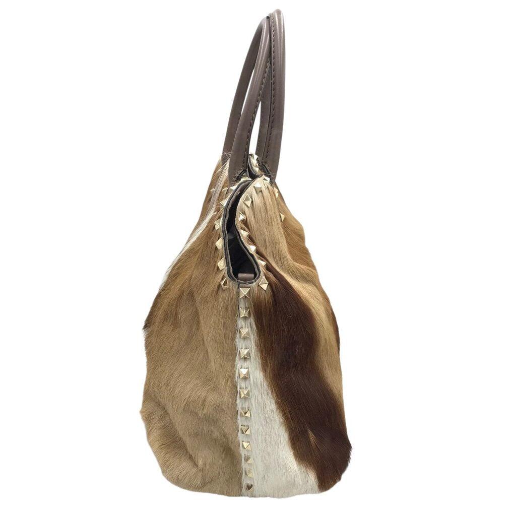 VALENTINO ROCKSTUD SPRINGBOK FUR DOME LUXE HANDBAG BEIGE