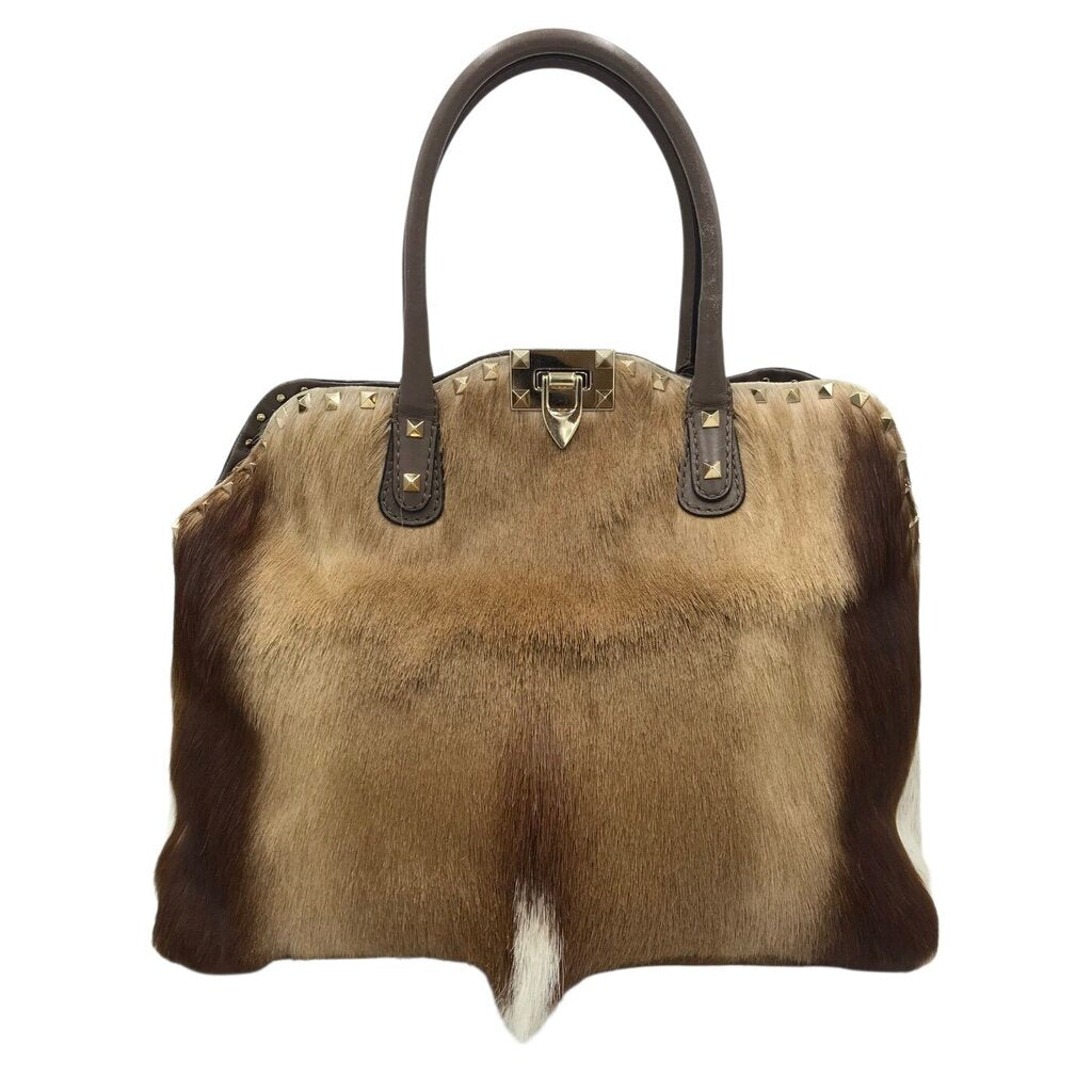 VALENTINO ROCKSTUD SPRINGBOK FUR DOME LUXE HANDBAG BEIGE