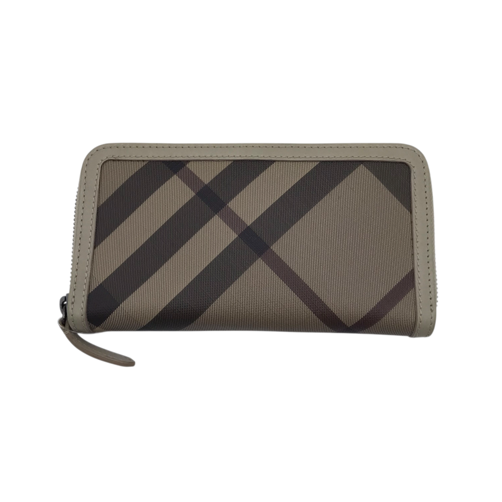 BURBERRY SMOKED CHECK PVC ZIP AROUND LUXE WALLET GREY