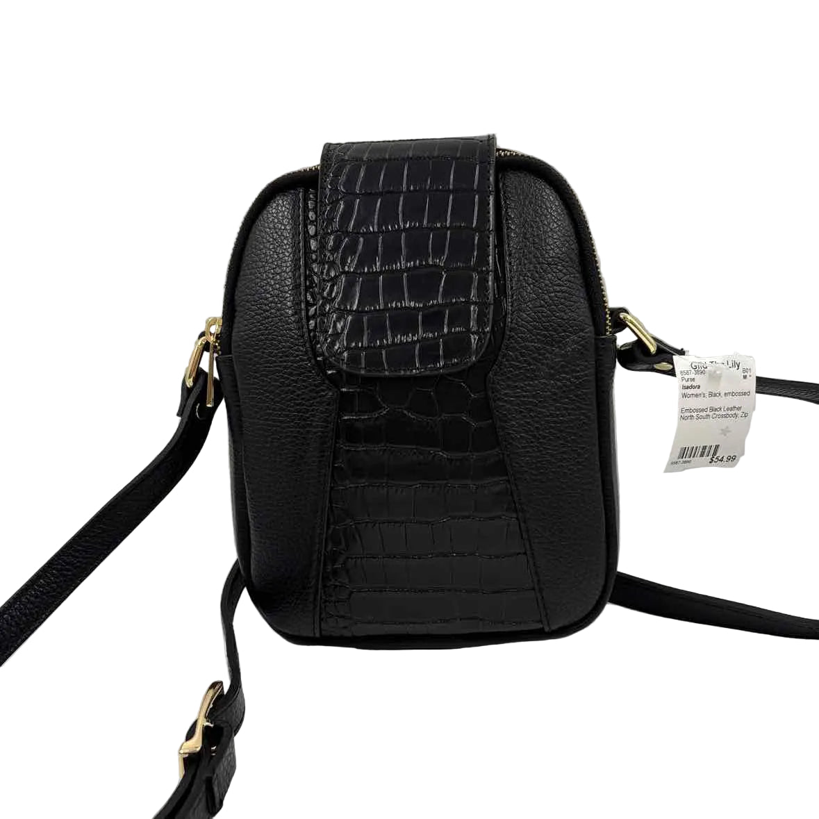 ISADORA Black Embossed & Pebbled Italian Leather NORTH SOUTH Crossbody Purse